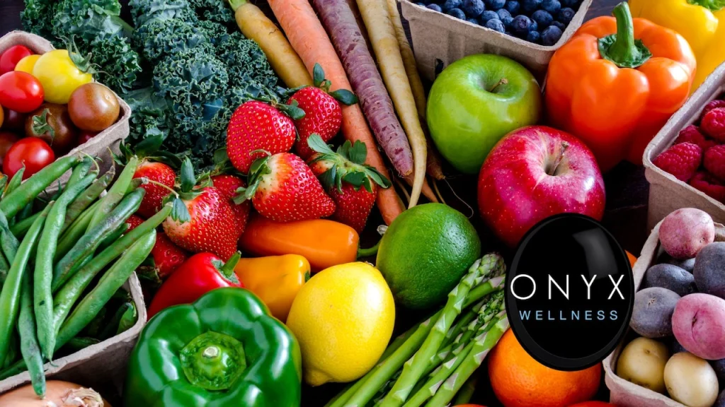 a close-up image of colorful fruits and vegetables, which can help with inflammation